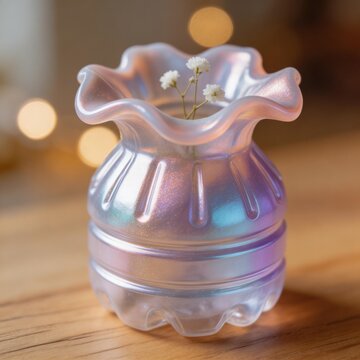 Recycled materials. Elegant vase made from a recycled plastic bottle, melted and shaped into a flower-like rim, painted with iridescent nail polish, standing on a wooden table,