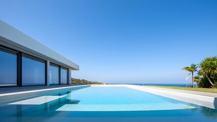 Fototapeta premium Modern architecture featuring a luxurious infinity pool overlooking the beautiful blue ocean
