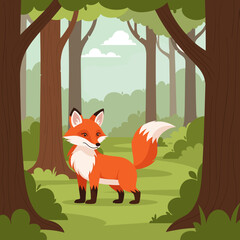Obraz premium A charming illustration of a red fox standing alertly in a lush green forest clearing, framed by tall trees.