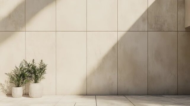 Minimalist architectural backdrop featuring tiled walls and floor, enhancing a serene atmosphere with natural light creating striking shadows and two potted plants