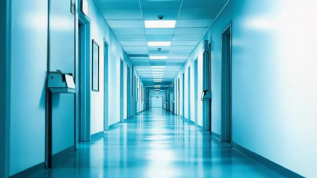 Empty modern hospital corridor in cool blue tones, pristine and well lit, smooth floors and symmetrical walls conveying calm, sterile, futuristic healthcare environment
