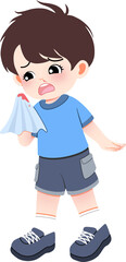 A young boy nose bleeding and holding a used tissue, looking unwell