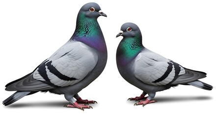 Fototapeta premium Two pigeons standing side by side on a white background, looking alert.