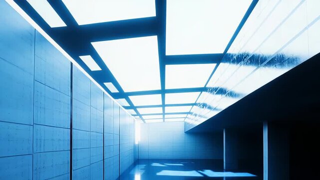 Futuristic modern interior space with a luminous grid ceiling reflecting on a wet, tiled floor, creating a sense of depth and a clean architectural design