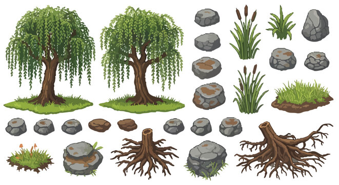 A vibrant collection of illustrated nature elements, featuring weeping willow trees, various rocks, lush grass, cattails, and tree stumps.