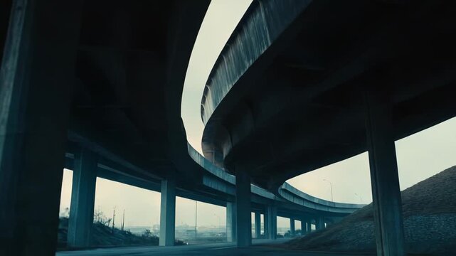 Complex concrete highway overpass and bridge structures creating an intricate urban landscape, symbolizing connectivity and movement within modern city infrastructure during twilight