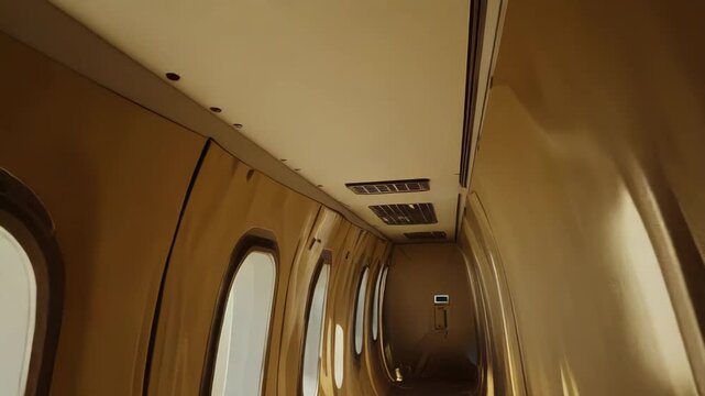 Commercial airplane interior showing a long, empty passenger cabin aisle illuminated by sunlight streaming through multiple windows, conveying travel, journey, and transportation themes
