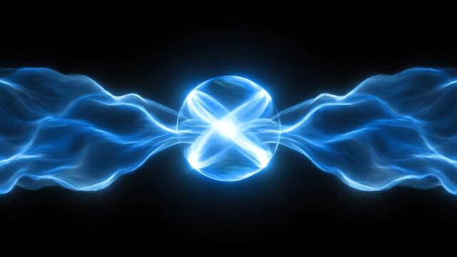 A vibrant blue energy orb radiates light, intersected by lines of energy. It's set against a black background, with flowing blue waves
