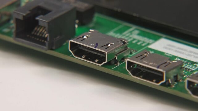 Close up view and blurred focus of opened technology motherboard mother board electronics of broken TV television ports like HDMI video, ethernet, T-con ribbon cables, component, and audio input open