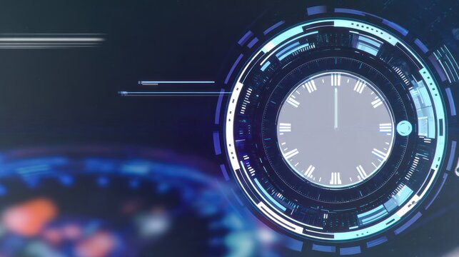 Futuristic digital clock design with glowing blue accents and a blurred background