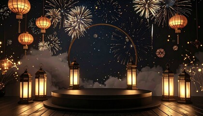 Festive Ramadan celebration with lanterns and fireworks display.