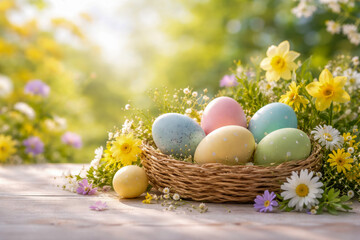 Obraz premium Pastel Easter Eggs in Spring Flowers Basket. Sunny Seasonal Celebration Scene.