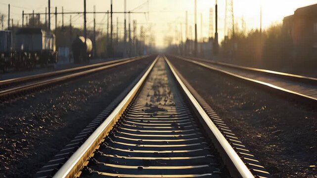 Empty railway tracks stretching into the distance at sunset, creating a sense of journey, future, and travel along a path of transportation infrastructure