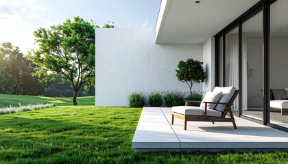 Modern Home Exterior with Lush Green Lawn and Patio Seating.