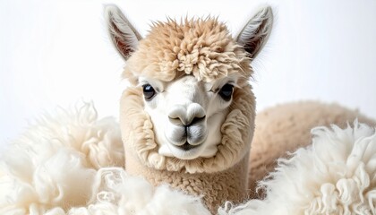 Adorable alpaca portrait with fluffy fleece against a white backdrop.