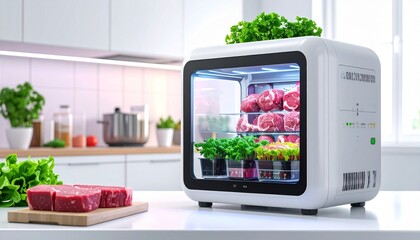 Modern Food Preservation - Smart Refrigerator with Fresh Produce and Meat.