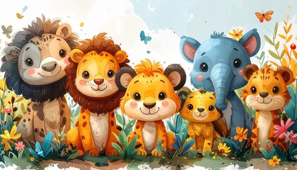 Adorable Baby Animals in a Lush, Colorful Jungle Scene.