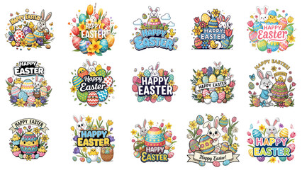 Fototapeta premium Happy Easter badge clipart set with bunny, eggs, flowers and baskets – colorful cute cartoon spring holiday typography labels, stickers and emblems vector illustration