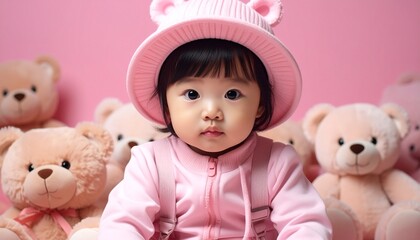 Adorable Asian baby surrounded by pink teddy bears in a studio setting.