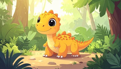 Adorable Baby Dinosaur Cartoon in Lush Jungle Setting.