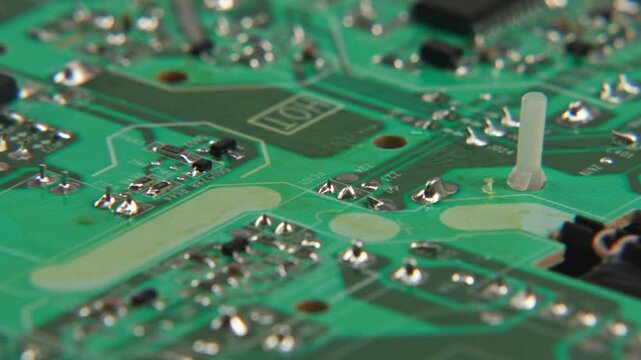 Close up slow motion of exposed green television TV electronics internal mother board motherboard with solder, ports, and screws spinning on damaged computer parts for 4k home display open for repair
