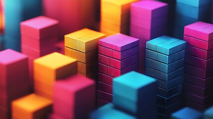 Naklejka premium Colorful Abstract Cubes: An eye-catching and modern art piece composed of multi-colored cubes, each meticulously arranged to create a visually striking display of form and color. 