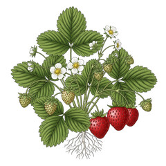 Strawberry plant with ripe red strawberries and flowers