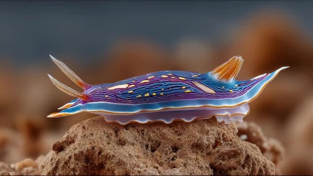 A vibrant nudibranch, featuring intricate patterns and colors, rests on a textured surface