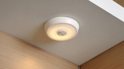 Ceiling security alarm with illuminated alert light in modern interior. Fire detection and safety monitoring system. Smart home protection technology for residential security