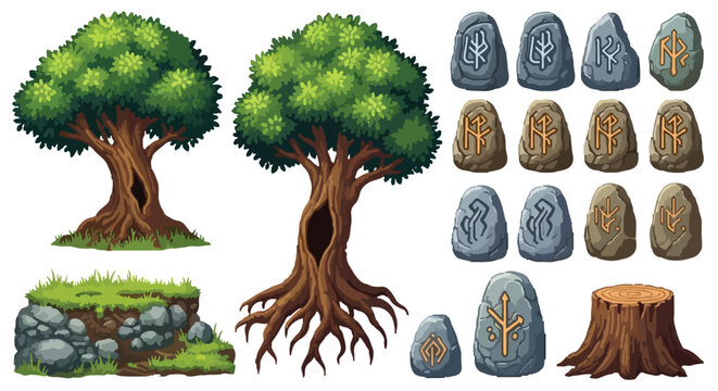 A collection of cartoon-style natural elements including trees, a grassy rock wall, a tree stump, and several runic stones.
