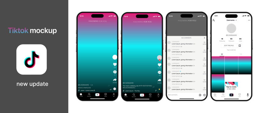 Tiktok. Tik tok mobile App interface template. Tiktok mockup social media template. mobile app interface template on social network. Tiktok Home, User, activity template.