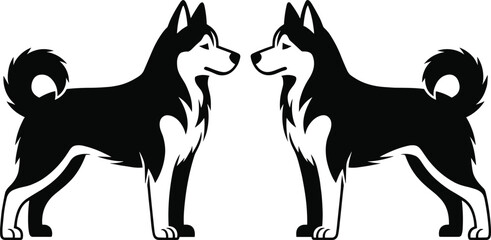 Stylized symmetrical illustration of Siberian Husky dogs facing each other, showcasing black and white design, erect ears, curled tails, and distinct fur patterns © MstNur