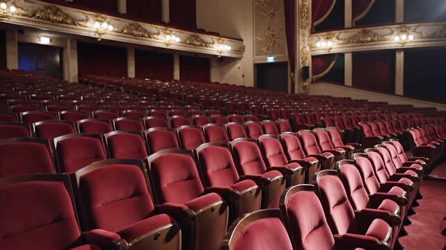 Elegant theater hall with plush red velvet seats and ornate classical architecture cinematic interior panning motion revealing historic opera house empty stage rows and gold details