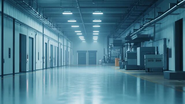 Large empty clean factory production area featuring rows of complex machinery and glowing neon lights, reflecting on the polished floor, creating an advanced manufacturing environment