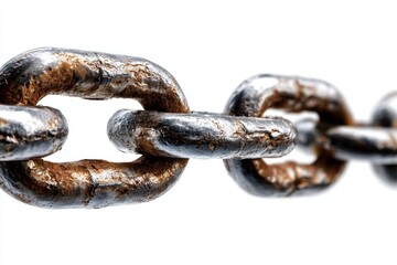 Fototapeta premium Broken Chain Links Symbolize Freedom and Liberation Against White Background in High Detail Metal Texture