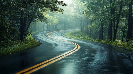 Winding Road Through Lush Forest: A winding road carves its path through a dense, green forest, creating a sense of journey and adventure. Capturing the essence of travel and exploration.