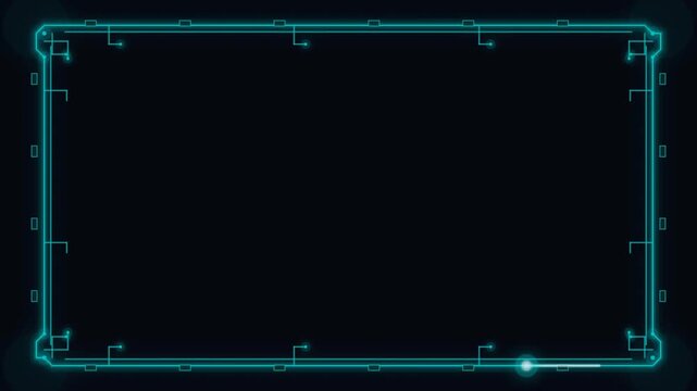 A futuristic digital interface with glowing neon blue frames and dark background