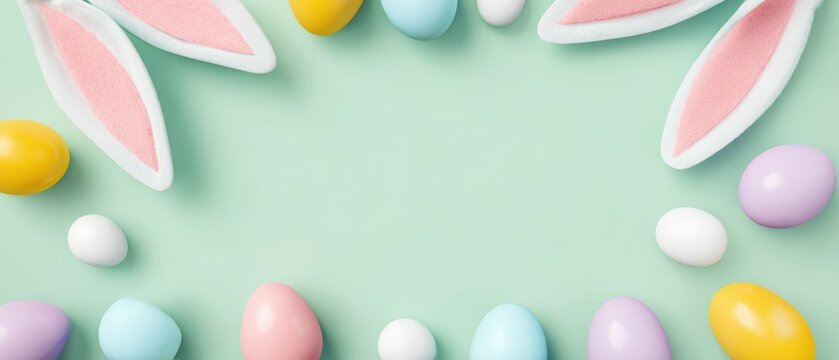 Colorful Easter eggs and bunny ears arranged on a pastel green background with copy space in the center, evoking a festive springtime atmosphere.