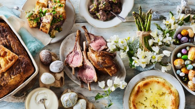 Festive spring table with roast lamb, quiche, bread pudding, vegetables, decorated eggs, desserts, and fresh flowers on a rustic wooden surface.