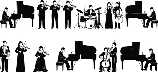 Classical music orchestra silhouettes with piano violin cello and drummer vector collection set © Ayejoddin