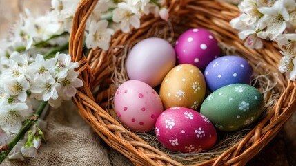 Colorful decorated Easter eggs in a wicker basket with white spring blossoms, arranged on a rustic fabric background for a festive holiday scene.