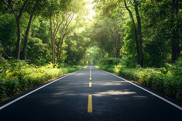 Obraz premium Road into the Green Forest: An empty asphalt road stretches invitingly into the depths of a lush green forest, sunlight filtering through the canopy above.