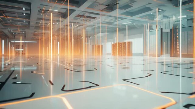 Modern server room architecture visualizing a wide area network with glowing light beams and data flow lines, demonstrating advanced computing technology and global information exchange