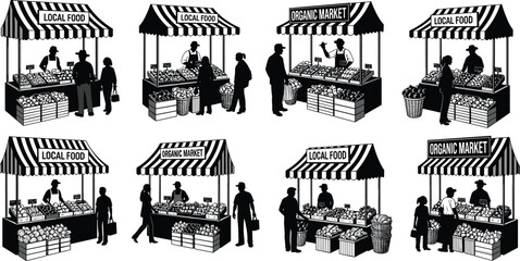 Obraz premium Farmers market stalls with local food and organic produce vendors silhouette set isolated on white background