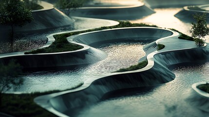 Abstract Waterscape: A serene waterscape design. This image offers a blend of natural elements with human-made structures, reflecting an environment-conscious design. 
