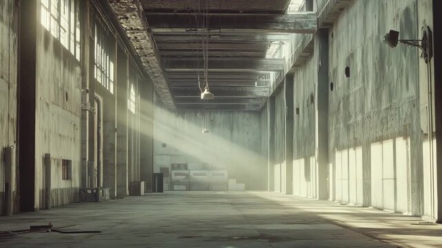 Large empty industrial hall with raw concrete floors and walls, sunbeams piercing high windows, dust filled light rays and long shadows evoking abandonment and decay