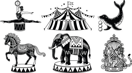 Vintage circus elements collection with performers animals and big top tent detailed vector illustration © Ayejoddin