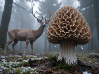 Wild mushrooms growing in the spring forest. Organic fungus in natural habitat. Forest floor background with fresh seasonal mushrooms.