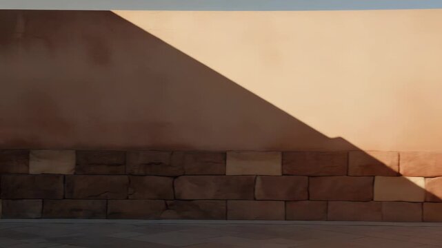 Building wall featuring a simple plastered top section above stacked rough hewn stone blocks, creating a textured surface under an angular shadow alongside a clear sky