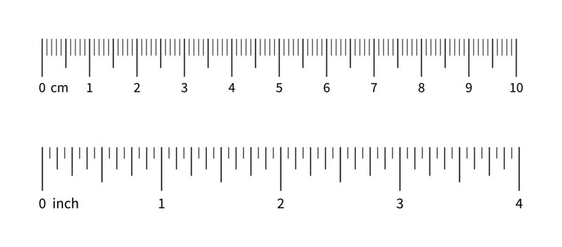 Ruler scale, measuring chart with 4 inches and 10 centimeters. Length measurement distance, height, math. Template of sewing tool
